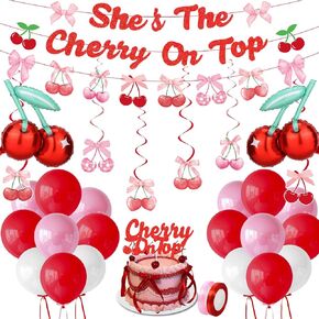 Cherry Party Decorations, Red Glitter She's The Cherry On Top Banner, Cherry On Top Baby Shower Decorations, Summer Fruit Cherry Themed Party Supplies for Birthday Bridal Shower Bachelorette Wedding
