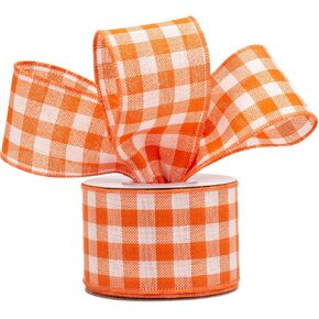 AVANAVA 2-1/2 Inch Wired Gingham Burlap Ribbon – 10 Yards Tangerine and White Plaid Ribbon for Gift Wrapping, Crafts, Wreaths, Farmhouse Decorations, Garlands, Rustic Weddings and Christmas