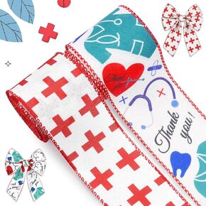 Hying Healthcare Heroes Ribbons for Wreath Bows, 2.5"10 Yards Wired Edge White Red Burlap Nurse Appreciation Craft Ribbons for Gift Wrapping Nurse Day Decorations