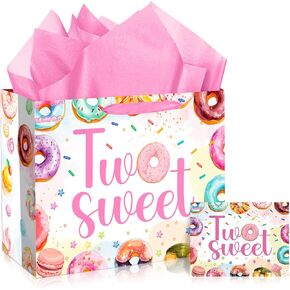 MOORIIY Two Sweet Birthday Gift Bags for Baby Girl with Card and Tissue Paper Two Sweet Donut Ice Cream Gifts Bags with Handles-Big Wrapping Paper 2nd Birthday Baby Shower Party Supplies (Rose Gold)