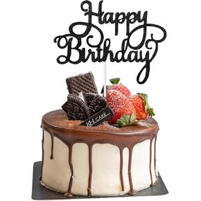 Happy Birthday Cake Topper Glitter Happy Birthday Cake Pick Birthday Cake Decorations Happy Birthday Sign for Celebrating Birthday Anniversary Party Decorations Supplies (Black)