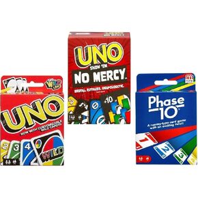 Mattel Uno No Mercy, Uno and Phase 10 Card Game, Combo Pack of 3