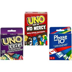 Mattel Uno No Mercy, Flip and Phase 10 Card Game, Combo Pack of 3