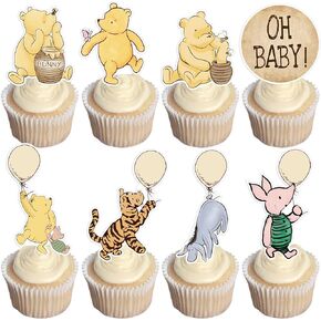 48pcs Classic Winnie Bear Themed Cupcake Toppers, Oh Baby Pooh Balloon Toppers for Baby Shower/First Birthday Party Decorations