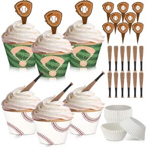 Geiserailie 100 Sets Baseball Cupcake Toppers and Wrappers Liners Baseball Party Decorations Sport Party Cake Supplies for Sport Themed Birthday Baby Shower Decorations Supplies