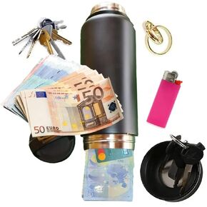 Genuine Large Aluminum and Black Secret Cache Flask with Double Bottom large enough to hide bank cards, money keys and more