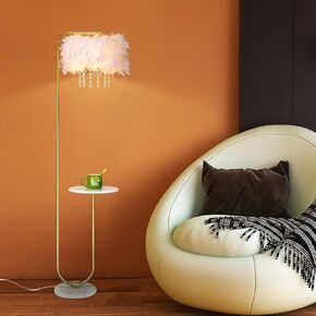 beaysyty Unique Led Pink Feather Floor Lamp with Tray,Ostrich Feather Stand Lamp,Living Room Bedroom Office Shop Window Decoration Lamp,Foot Switch and Brass/Gold Finish Arc Floor Lamp