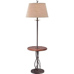 Franklin Iron Works Rustic Farmhouse Country Cottage Floor Lamp with Tray End Table 63.5" Tall Wood Twisted Iron Base Brown Linen Fabric Tapered Drum Shade for Living Room Reading House Bedroom