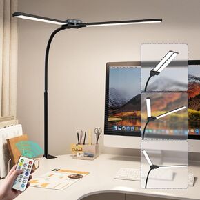 KableRika Desk Lamp for Office Home: Double Head Led Desk Light with Clamp - Eye Caring Architect Lamps with Remote - Desktop Lighting for Monitor Workbench Study Reading