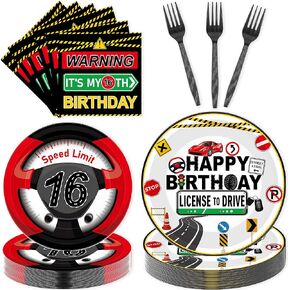 96 Pcs 16th Birthday Decorations for Boys, Drivers License Transportation Themed 16 Year Old Party Supplies Tableware Set for 24 Guests, Includes Plates Napkins Forks