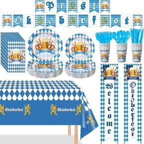Bavarian Prost Oktoberfest Party Supplies Decorations, Oktoberfest Party Plates and Napkins Set, Disposable Blue and White Flag Check Tablecloth Banner Paper Plates Napkin Cup for Festival