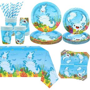 KEFAN Blue Axolotl Birthday Party Decorations, Blue Axolotl Theme Party Tableware Supplies including Plates, Cups, Napkins, Tablecloth, Serves 20 (20)
