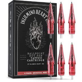 Inlumino Heart Ink Ballpoint Dot Pen Tattoo Cartridge for Tattoo Practice on Paper. 6 0.5mm Original Black Ink Tattoo Cartridges for Beginners to Learn How to Tattoo - Ink Dot Pen Cartridges