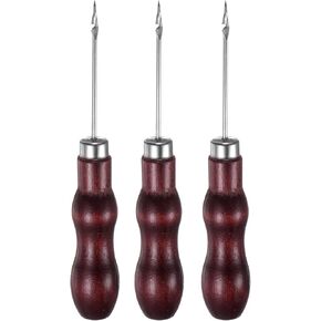HARFINGTON 3pcs Handwork Sewing Awl Double Gourd Hook Head Awl Leather Punch Hole Tool with Wooden Handle Scratch for Broken Wire Drilling Stitching Repair and DIY Handmade, Rosewood Color