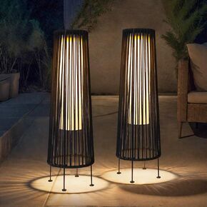 TRIROCKS Outdoor Floor Lamp 2 Piece Solar Powered Lantern Wicker Solar Patio Lamp with Olifen Rope Waterproof Rattan Outside Solar Deck Light for Patio Garden Lawn Yard (Grey)