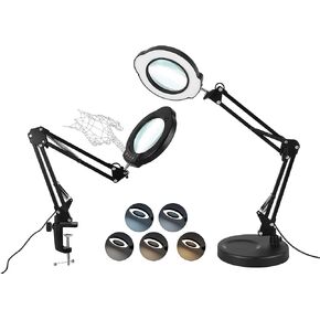 10X Magnifying Glass with Light and Stand, 5 Color Modes, with 84 LED Lights, 2-in-1 Magnifying Desk Lamp with Clamp, Hands Free Magnifier for Craft Reading Painting Sewing Close Work