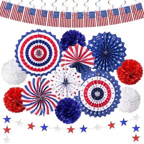 26PCS 4th of July Decorations Patriotic Decor USA Flag String Red White and Blue Paper Fans Star Streamer Pom Poms Hanging Swirls for Memorial Day Veterans Day Independence Day