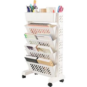 5 Tier Plastic Mobile Bookshelf Cart, Easy Assemble Rolling Bookcase with Wheels for Office, Dorm, Classroom, Nursery, White