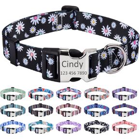 Personalized Dog Collars, Customized Dog Collar with Name and Phone Number, Multiple Patterns & 4 Sizes Floral Geometry Dog Collar for Puppy Small Medium Large Dogs(Black Daisy-L)