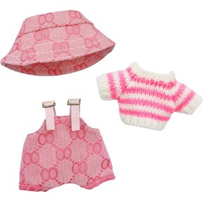 Clothes for Dolls Accessories - 3 Pcs Doll Clothes Set for 17cm Figures, Pink Bucket Hat, Knit Sweater & Overalls, Handmade Outfit for Miniature Doll Styling and Display