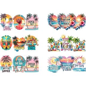 UV DTF Glass Transfer Stickers - 6 Summer Beach Theme Craft Stickers, Waterproof for 16 oz Glasses, Furniture & Woodworking DIY