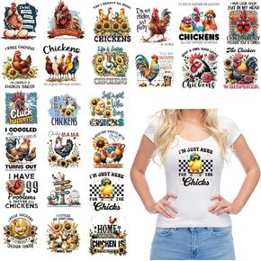24 Sheets Funny Chicken Iron on Transfers for T-Shirts, Farmhouse Humor DTF Transfers Ready to Press Heat Transfers Vinyl, Iron on Patches Stickers for Clothes Backpack Bag Pillow Cover DIY Crafts