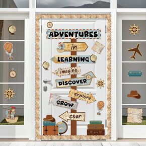 Travel The Map Classroom Door Bulletin Board Let The Adventure Begin Cutouts Classroom Decorations Travel Theme Motivational Sign for Kids Let's Explore Voyage Bulletin Cutouts Vintage Class Decor