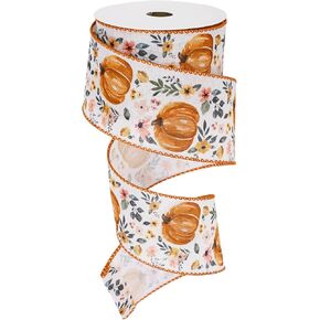 Fall Wired Edge Ribbon Boho Floral Pumpkin Craft Ribbon Rustic Watercolor Flower Pumpkin Fabric Ribbon for Autumn Thanksgiving Farmhouse Wreath Bow Making Gift Wrapping, 12 Yard