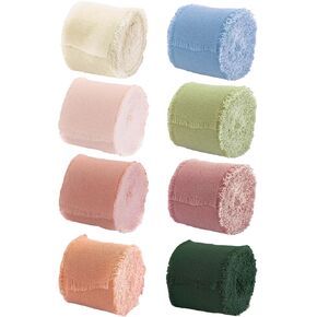 Chiffon Silk Ribbon Mixed Color Ribbons Set 5 Yd x 8 Rolls Fringe Fabric for Wedding Invitations Bridal Bouquets Party Decor Gift Wrapping Bow Making, Flower Arrangement Decoration