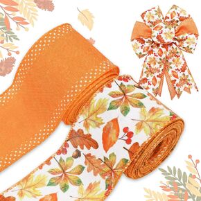 Fall Wired Edge Ribbon Watercolor Leaves Craft Ribbon Orange Foliage Fabric Ribbon for Autumn Thanksgiving Wreath Bow Making DIY Crafts Wrapping Party Decor, 2 Rolls, 20 Yard