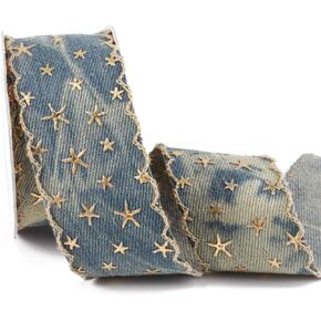 10 Yards 1.5 Inch Denim Trim Fabric Patriotic Ribbon Blue Bronzing Jeans 4th of July 3D Gold Foil Star Print Applique Sewing Ribbon Tape Bulk for Sewing Making Crafts Gift Wrapping Christmas