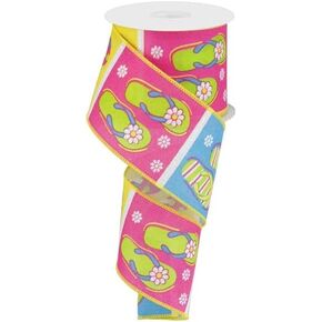 Flip Flops Wired Edge Ribbon, Pink Turquoise Yellow Lime White - 2.5" x 10 Yards (Canvas)