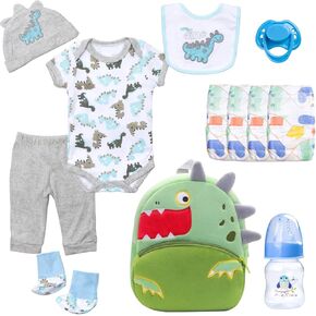 12 Pcs Reborn Baby Dolls Clothes with Backpack for 17-22 Inch Reborn Newborn Doll Clothes Dinosaur Outfits Accessories Baby Boy Doll Clothes Diaper +Bottle+Pacifier