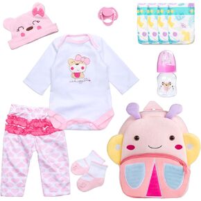Pedolltree 11 Pcs Set Reborn Baby Dolls Clothes Girl Outfit Accessories for 17-22 Inch Reborn Doll Newborn Girl with Butterfly Backpack Diaper
