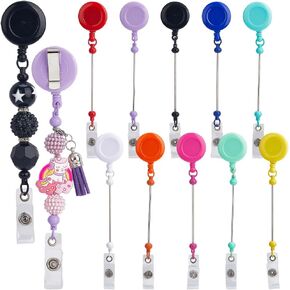 SUNNYCLUE 10pc Beadable Badge Holders - Retractable Reel with Bar Clips, ID Name Badge Holder for Women, Nurse, Doctor, Student, Teacher, Office, DIY Supplies