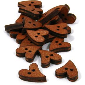20 Natural 3/4 inch Brown Wood Whimsical Heart Wooden 2 Hole Flat Sewing Buttons, Linking Beads, Charms etc