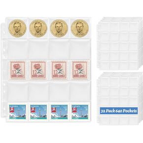 20-Pocket Coin Pages, 32 Sheets 640 Coin Pocket for for 2 x 2 Inch Cardboard Coin Holders, 11 Holes Coin Sleeves for Coin Album Protectors, Coin Collection Supplies, Coin Collection Storage
