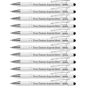 ExpressDesigns™ - Premium Custom Pens with Stylus | Beautiful White | Personalized Soft-Touch Metal Printed Name Pens w/Black Ink - 12 pack (Black)