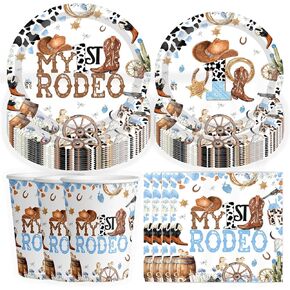 My First Rodeo Birthday Party Supplies Cowboys 1st Rodeo Birthday Tableware Western Cowboys Bday Paper Plates Napkins Cups for My First Rodeo Baby Shower Decor Serve 30