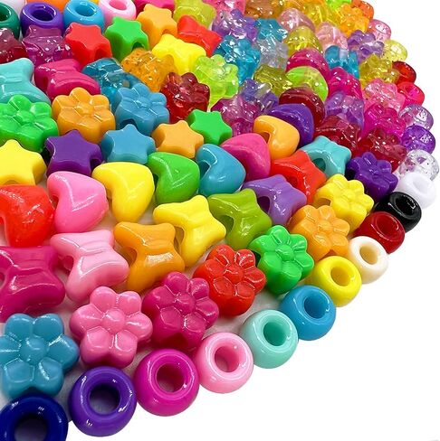 MIIIM 1000Pcs 6x9mm Glitter Pony Beads Shapes for Friendship Bracelet, Large Hole Assorted Kandi Beads in 5 Styles, Star, Heart, Butterfly, Flower, for Hair Braids, Jewelry Making in Kuwait