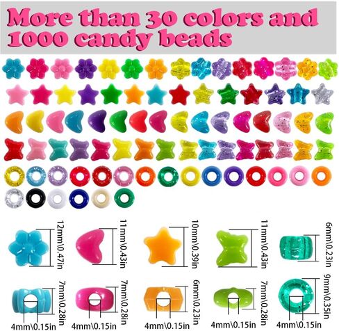MIIIM 1000Pcs 6x9mm Glitter Pony Beads Shapes for Friendship Bracelet, Large Hole Assorted Kandi Beads in 5 Styles, Star, Heart, Butterfly, Flower, for Hair Braids, Jewelry Making in Kuwait