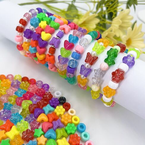 MIIIM 1000Pcs 6x9mm Glitter Pony Beads Shapes for Friendship Bracelet, Large Hole Assorted Kandi Beads in 5 Styles, Star, Heart, Butterfly, Flower, for Hair Braids, Jewelry Making in Kuwait