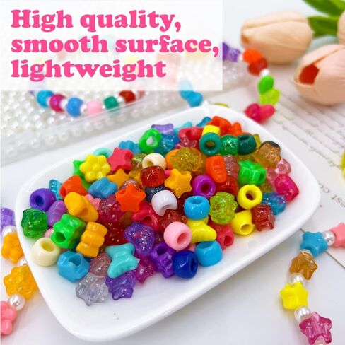 MIIIM 1000Pcs 6x9mm Glitter Pony Beads Shapes for Friendship Bracelet, Large Hole Assorted Kandi Beads in 5 Styles, Star, Heart, Butterfly, Flower, for Hair Braids, Jewelry Making in Kuwait