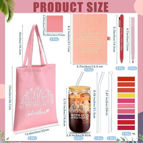 Talltalk 14 Pcs Godmother Appreciation Gift Set for Women 16oz Glass Canvas Bag A5 Journal Ballpoint Pen Notes Highlighter for Mother's Day Christmas Thanksgiving Birthday Wishes(Black) in Kuwait