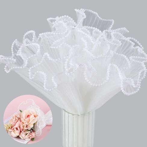 2Pcs 4.37 Yards White Flower Wrapping Mesh Paper Pearl Edge Bouquet Packaging Wrinkled Translucent Floral Wrapping Mesh Paper for Flower Bouquet DIY Crafts Decorations in Saudi Arabia