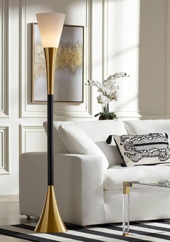 Possini Euro Design Piazza Mid Century Modern Glam Style Torchiere Floor Lamp 72.5" Tall Black Antique Brass Metal White Glass Shade for Living Room Reading House Bedroom Home Office in Saudi Arabia