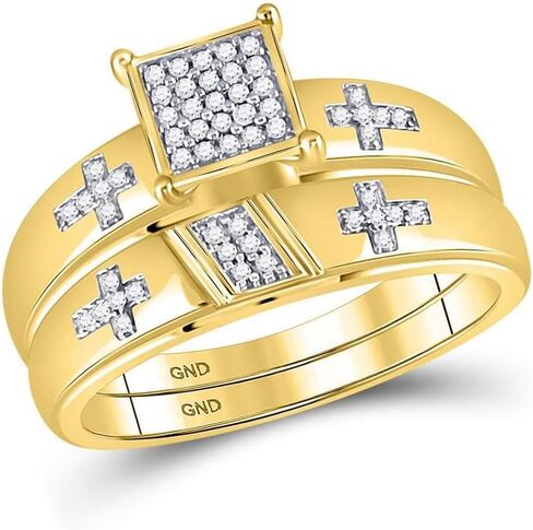 His and Hers Bridal Womens and Mens Engagment and Wedding Band Complete Trio Matching Wedding Rings Set 10K Yellow Gold Diamond Cross 1/12 Cttw in Saudi Arabia
