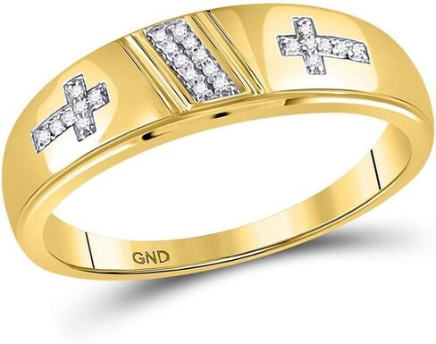 His and Hers Bridal Womens and Mens Engagment and Wedding Band Complete Trio Matching Wedding Rings Set 10K Yellow Gold Diamond Cross 1/12 Cttw in Saudi Arabia