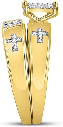 His and Hers Bridal Womens and Mens Engagment and Wedding Band Complete Trio Matching Wedding Rings Set 10K Yellow Gold Diamond Cross 1/12 Cttw in Saudi Arabia