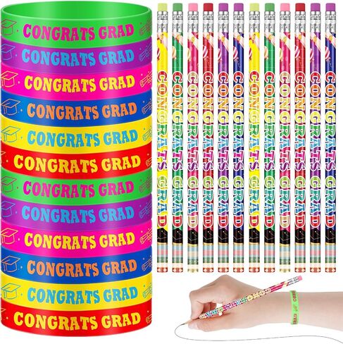 Sabary 48 Pcs Graduation Pencils Silicone Bracelets Set Graduation Party Favors Motivational Rainbow Pencils with Eraser Rubber Wristbands for Grade End-of-year Gifts(Classic) in Saudi Arabia